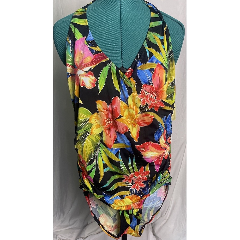 VTG Islander Womens Colorful Tropical Floral One Piece Halter Swimsuit Sz 10.